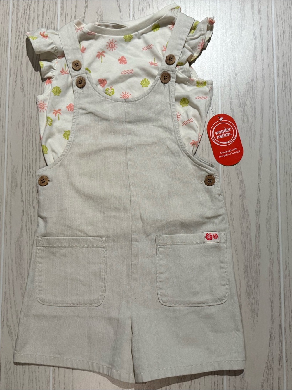 NWT Wonder Nation Girls Size 7 Tropical Shortalls & Ruffle Tee 2-Piece Set